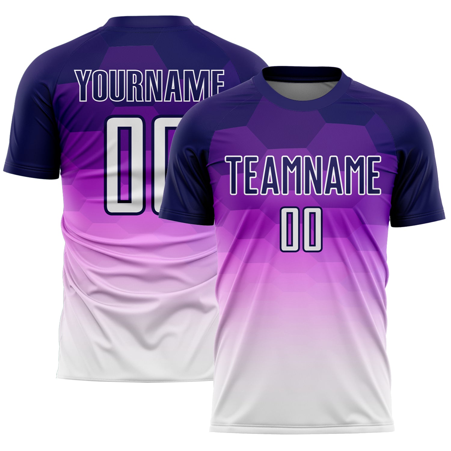 Custom Sublimation Soccer Jersey with Dark Purple White Gradient Hexagons, Personalized Name and Number, Team Uniform Personalized
