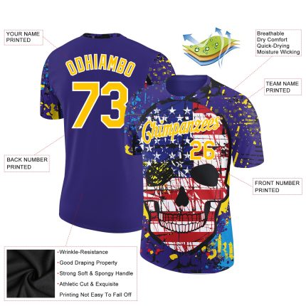 Personalized 3D Skull American Flag Performance T-Shirt in Dark Purple Yellow-White Personalized Dark Purple Yellow-White