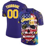 Personalized 3D Skull American Flag Performance T-Shirt in Dark Purple Yellow-White Personalized Dark Purple Yellow-White