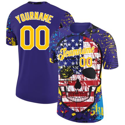 Personalized 3D Skull American Flag Performance T-Shirt in Dark Purple Yellow-White Personalized Dark Purple Yellow-White