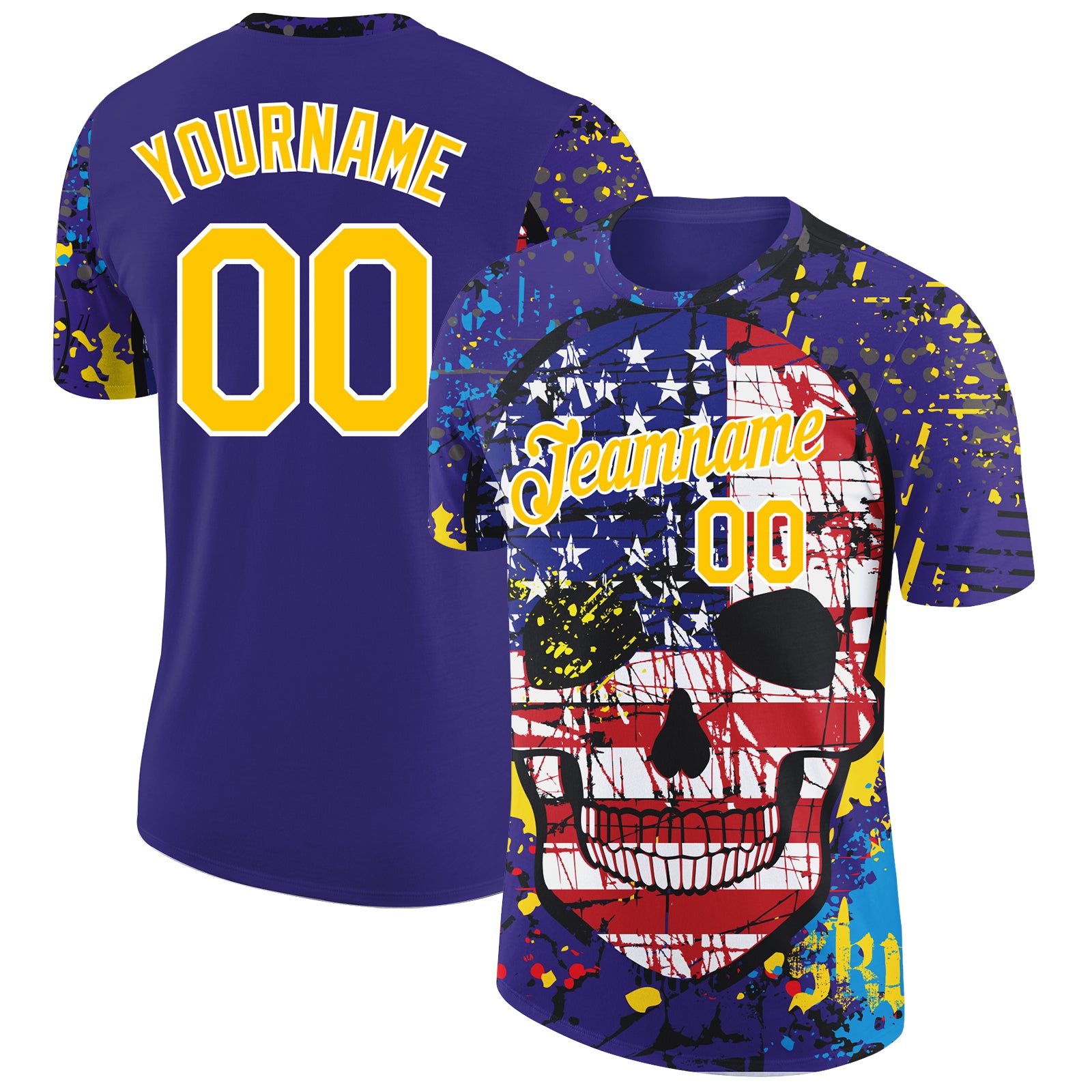 Personalized 3D Skull American Flag T-Shirt Custom Name & Number - Dark Purple Yellow White Performance Tee Personalized
