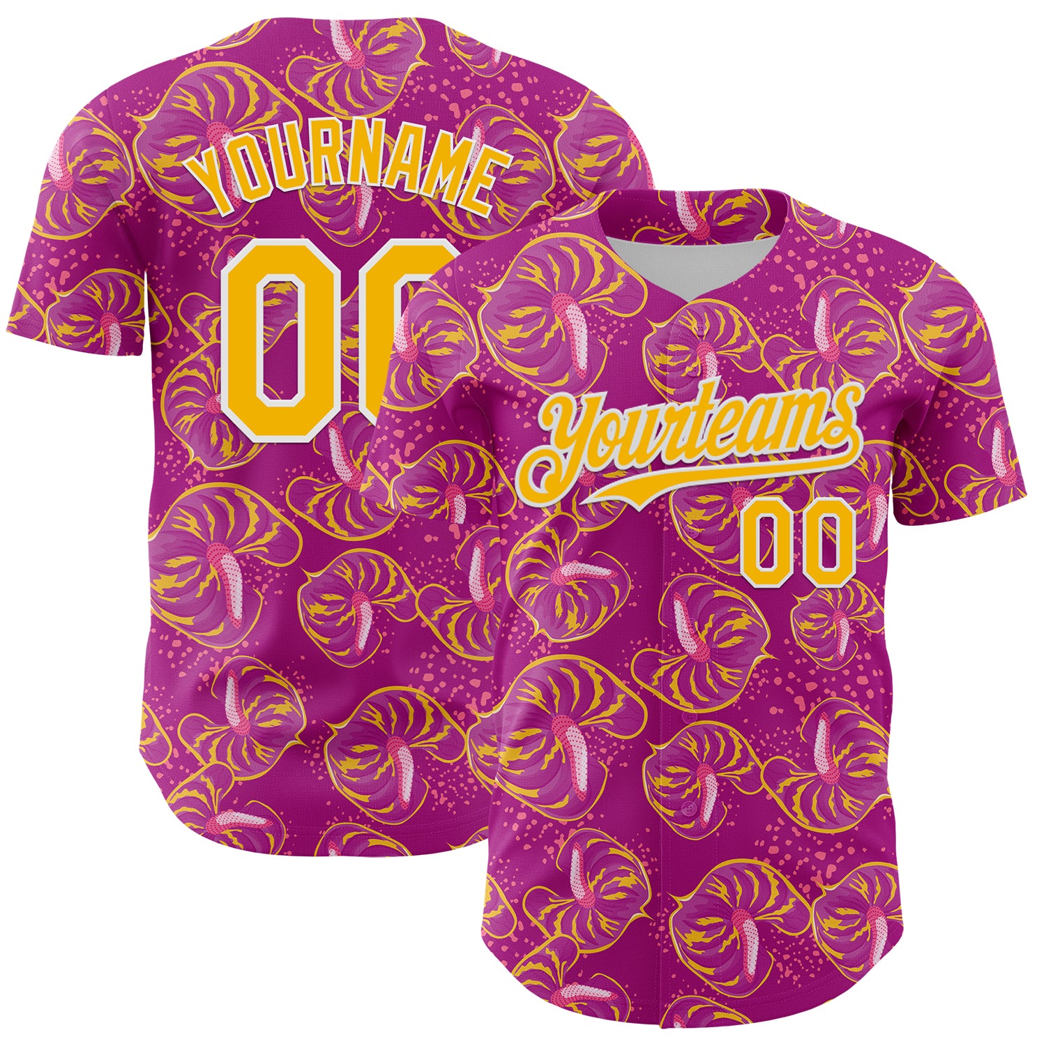 Custom Tropical Anthurium Baseball Jersey - Personalized Deep Pink Gold-White 3D Pattern with Name & Number Personalized