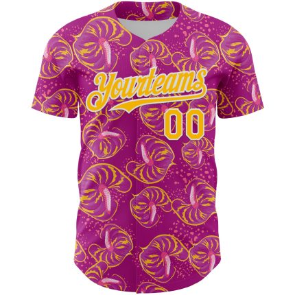 Personalized Deep Pink Gold White 3D Tropical Anthurium Flower Baseball Jersey for Custom Style and Comfort Personalized