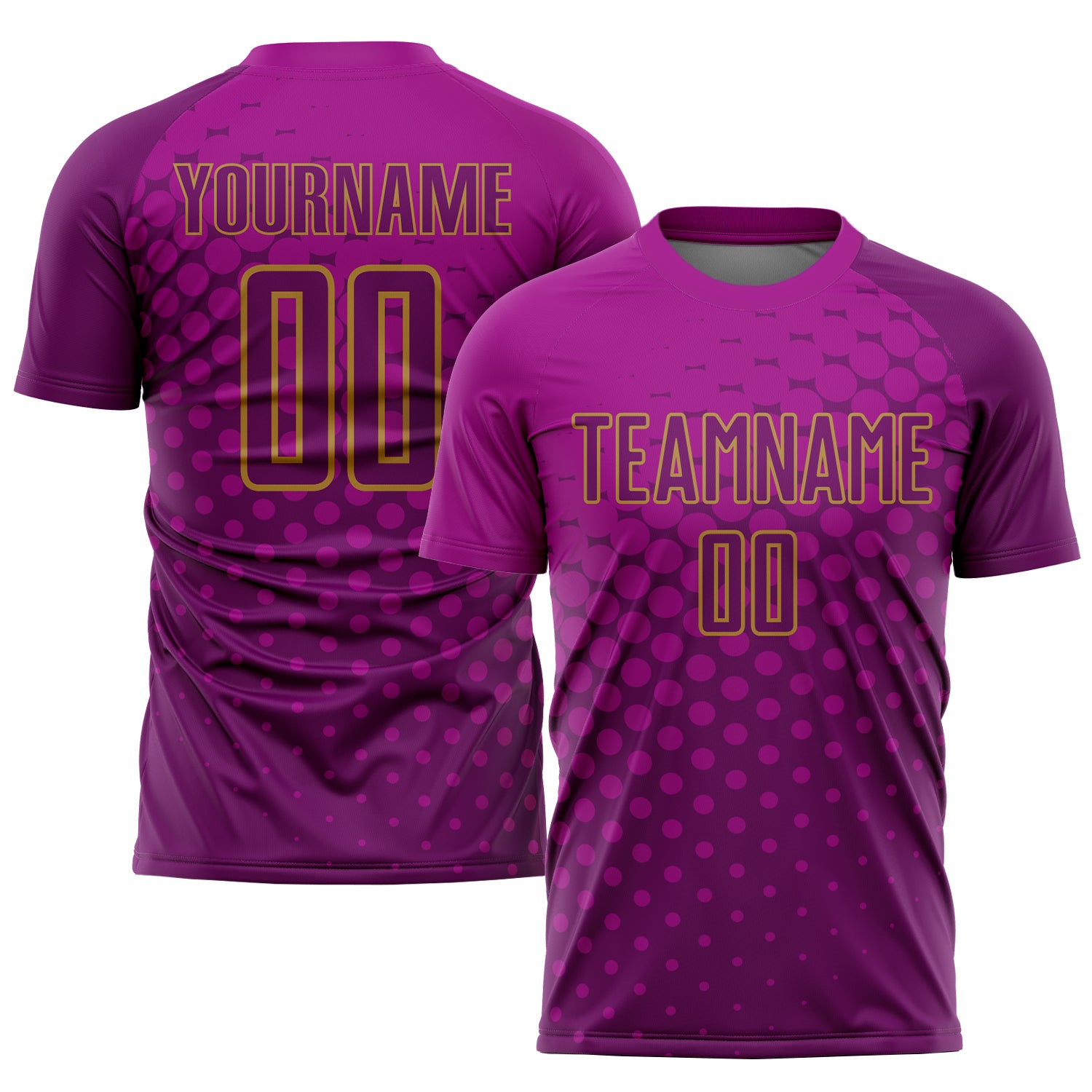 Custom Soccer Jersey with Personalized Name and Number - Deep Pink Purple Old Gold Sublimation Design Personalized Deep Pink