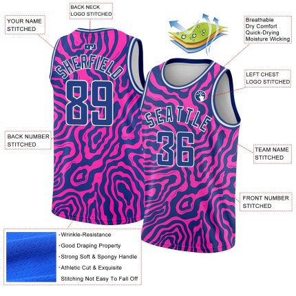 Deep Pink Royal White 3D Abstract Psychedelic Basketball Jersey - Personalized Liquid Wave Design Personalized Deep Pink