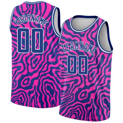 Custom Name & Number 3D Pattern Basketball Jersey - Deep Pink Royal-White Abstract Psychedelic Liquid Wave Design Personalized