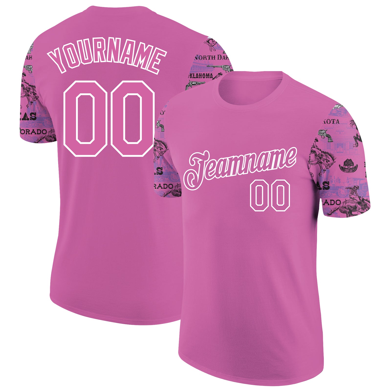 Custom Team Name Number Deep Pink White Cowboy Rodeo Performance T-Shirt 3D Pattern Design Personalized Deep Pink White 3D