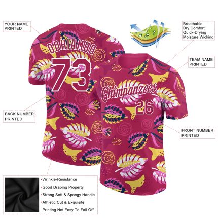 Custom Tropical Palm Leaf Performance T-Shirt with Personalized Deep Pink White 3D Pattern, Team Name & Number Personalized