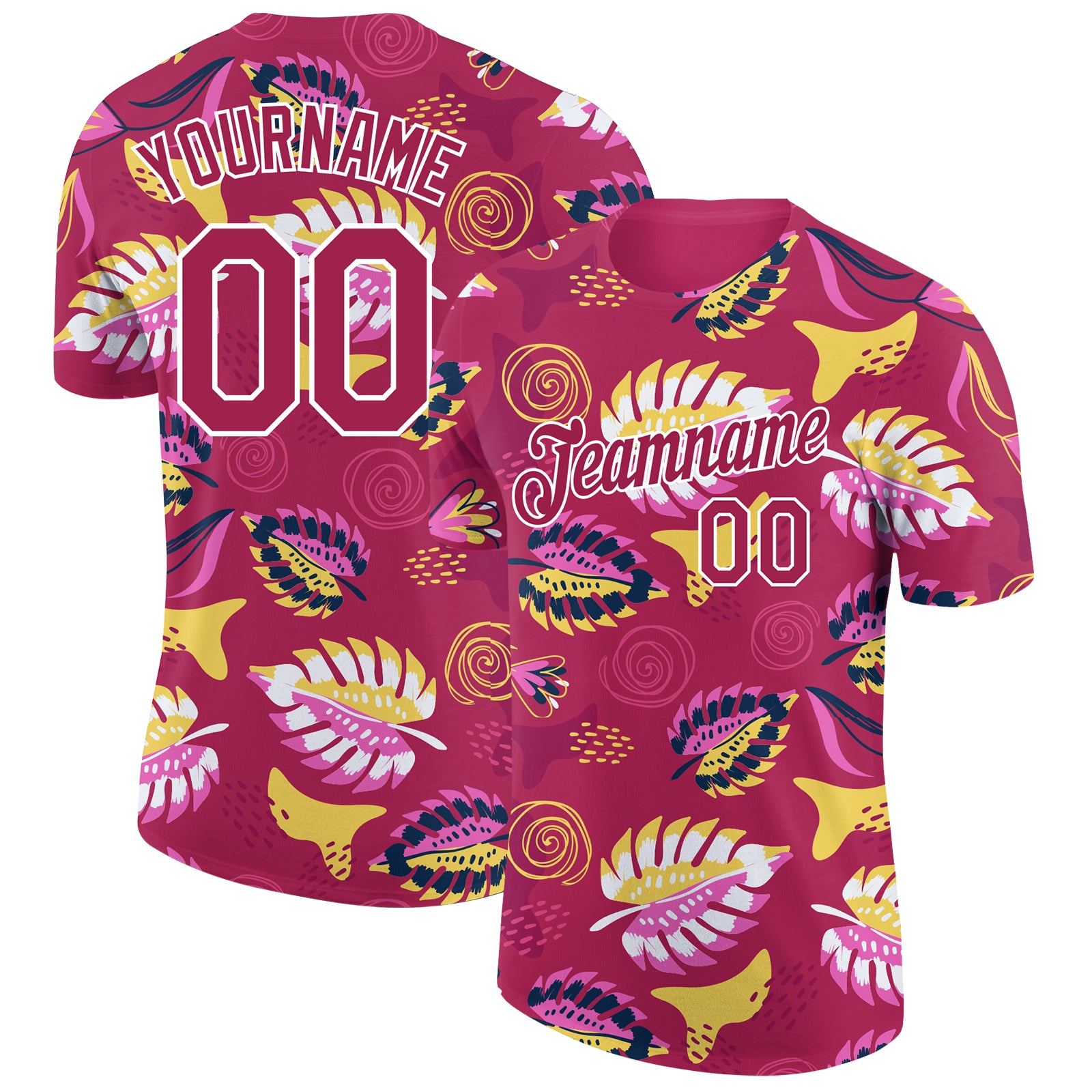 Custom Tropical Palm Leaf Performance T-Shirt with Personalized Deep Pink White 3D Pattern, Team Name & Number Personalized