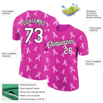 Personalized 3D Pink Ribbon Breast Cancer Awareness Deep Pink T-Shirt for Women Personalized Deep Pink White-Black 3D Pink