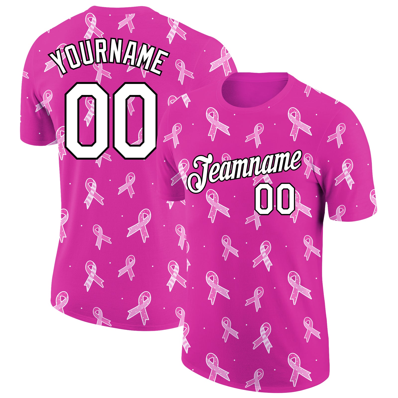 Custom Pink Ribbon Breast Cancer T-Shirt - Personalized Deep Pink Black 3D Design with Team Name & Number Personalized Deep