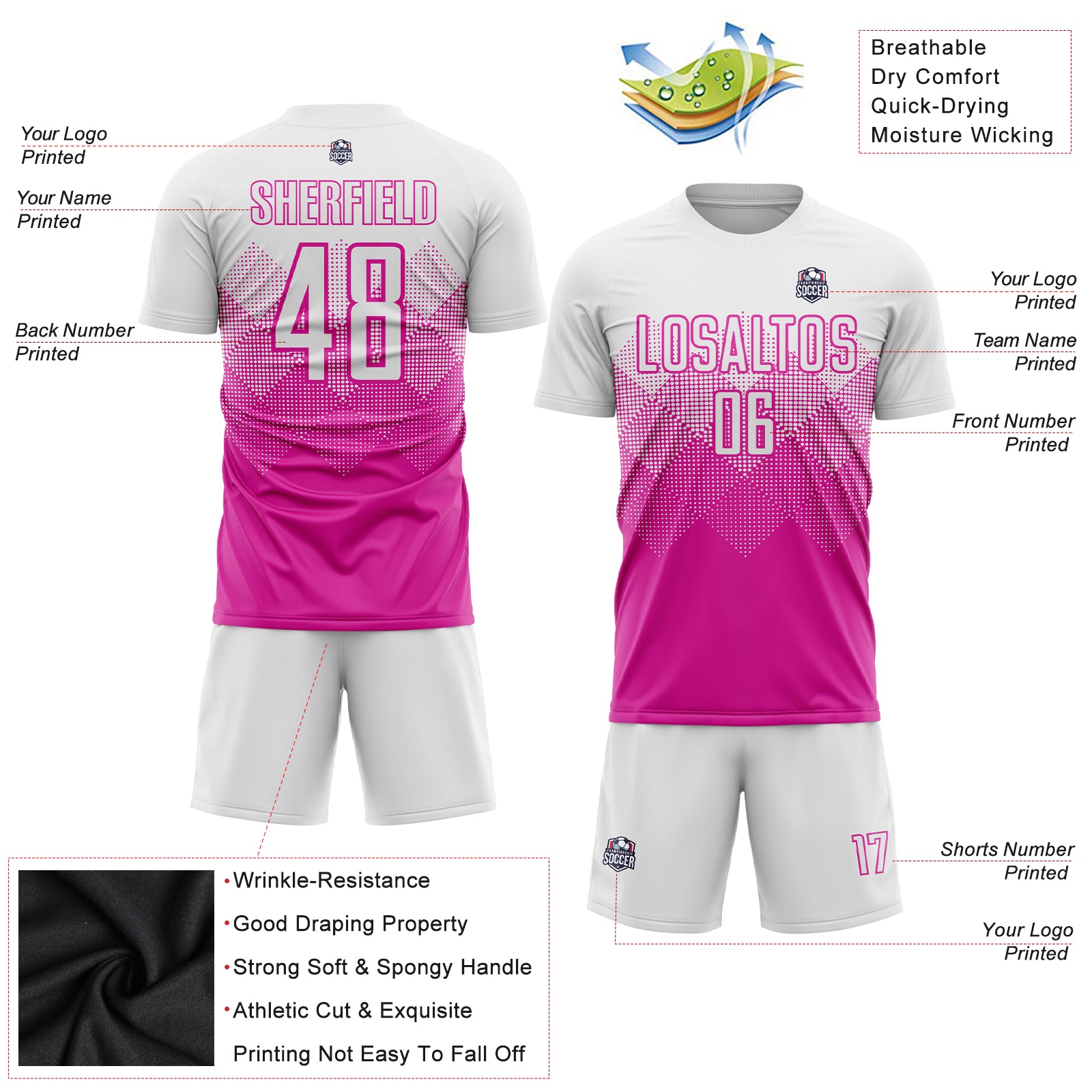 Personalized Deep Pink White Soccer Jersey - Custom Sublimation Uniform Personalized Deep Pink White Sublimation Soccer Uniform - Image 5