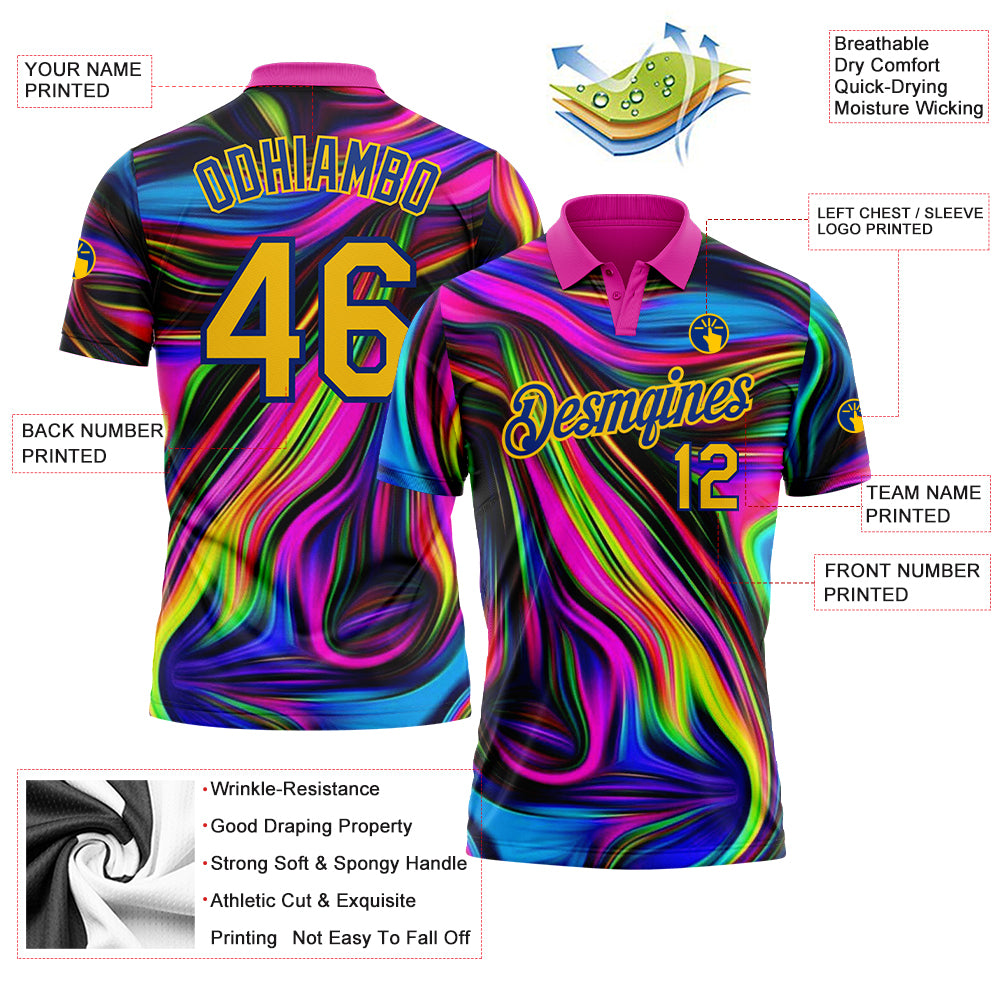 Personalized Deep Pink Yellow-Royal 3D Pattern Design Abstract Colorful Psychedelic Fluid Art Performance Golf Polo Shirt Team Custom Name and Number Custom Name Number Personalized Psychedelic Golf Polo Shirt - Deep Pink Yellow-Royal 3D Pattern Fluid Art Design Personalized - Image 3