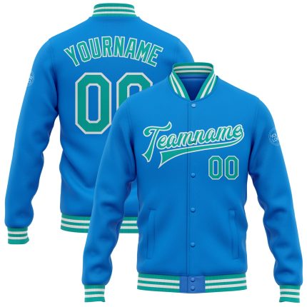 Personalized Electric Blue Aqua White Varsity Letterman Bomber Jacket Full-Snap Personalized Electric Blue Aqua-White Bomber
