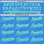 Custom Team Name Number Electric Blue Aqua White Bomber Varsity Letterman Jacket Full-Snap Personalized Personalized Electric