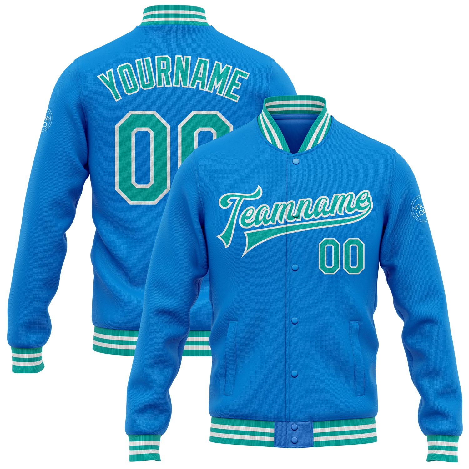 Custom Team Name Number Electric Blue Aqua White Bomber Varsity Letterman Jacket Full-Snap Personalized Personalized Electric