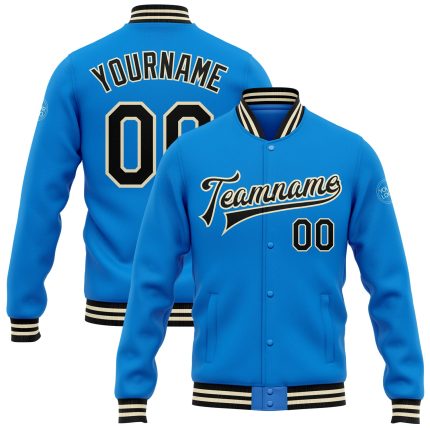 Personalized Electric Blue Varsity Letterman Jacket Black-Cream Full-Snap Bomber Personalized Electric Blue Black-Cream Bomber