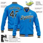 Personalized Electric Blue Varsity Letterman Jacket Black-Cream Full-Snap Bomber Personalized Electric Blue Black-Cream Bomber