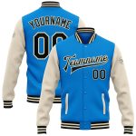 Electric Blue Black-Cream Two Tone Varsity Letterman Bomber Jacket Personalized Full-Snap Design Personalized Electric Blue