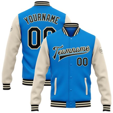 Electric Blue Black-Cream Two Tone Varsity Letterman Bomber Jacket Personalized Full-Snap Design Personalized Electric Blue