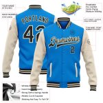 Electric Blue Black-Cream Two Tone Varsity Letterman Bomber Jacket Personalized Full-Snap Design Personalized Electric Blue