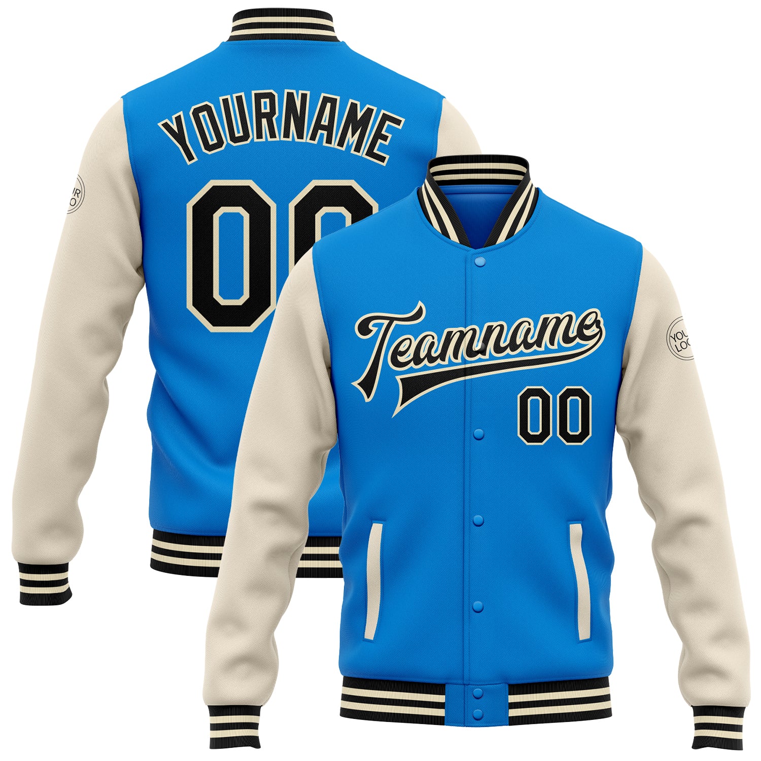 Custom Team Name Number Two Tone Bomber Varsity Letterman Jacket Electric Blue Black Cream Full-Snap Personalized Electric