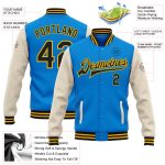 Personalized Electric Blue Cream-Gold Two Tone Bomber Varsity Letterman Full-Snap Jacket Personalized Electric Blue Black
