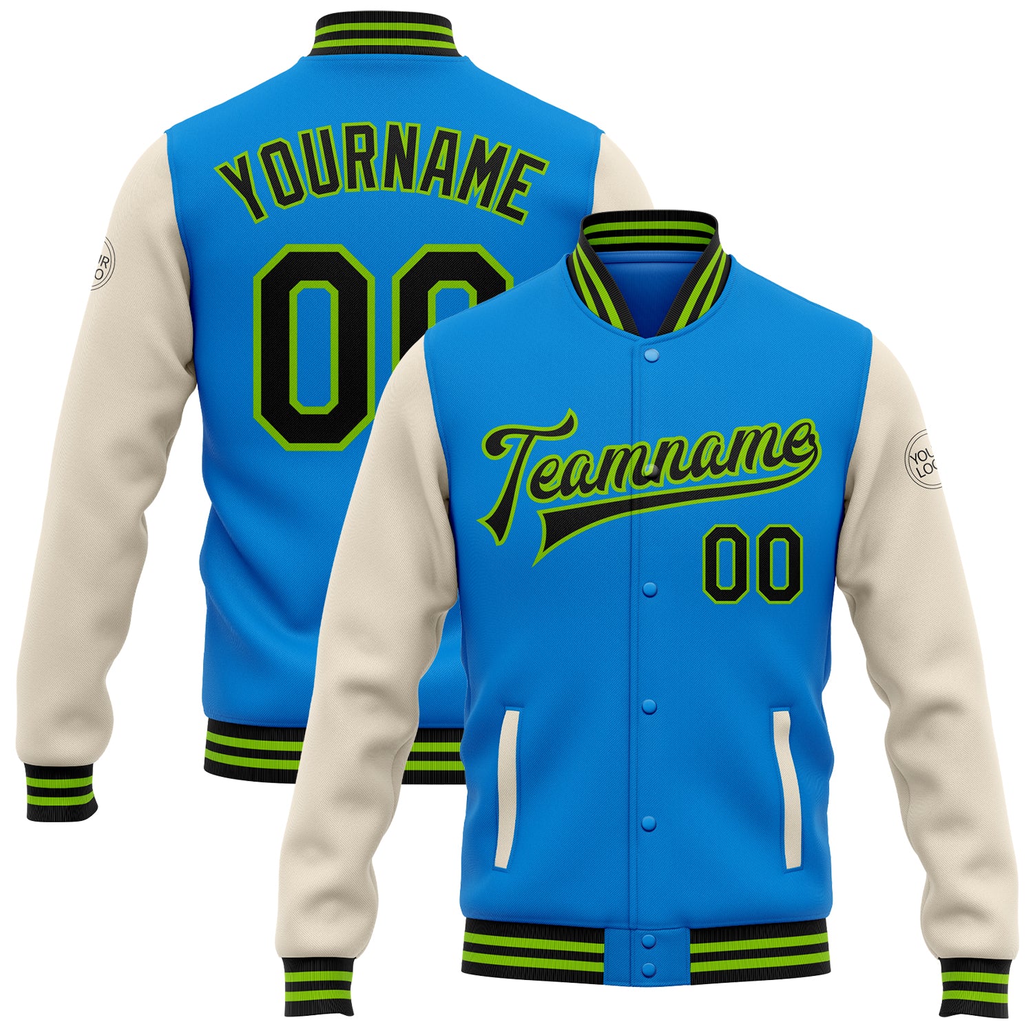 Custom Name Number Bomber Jacket Electric Blue Black Cream Neon Green Two Tone Varsity Letterman Full-Snap Personalized Electric