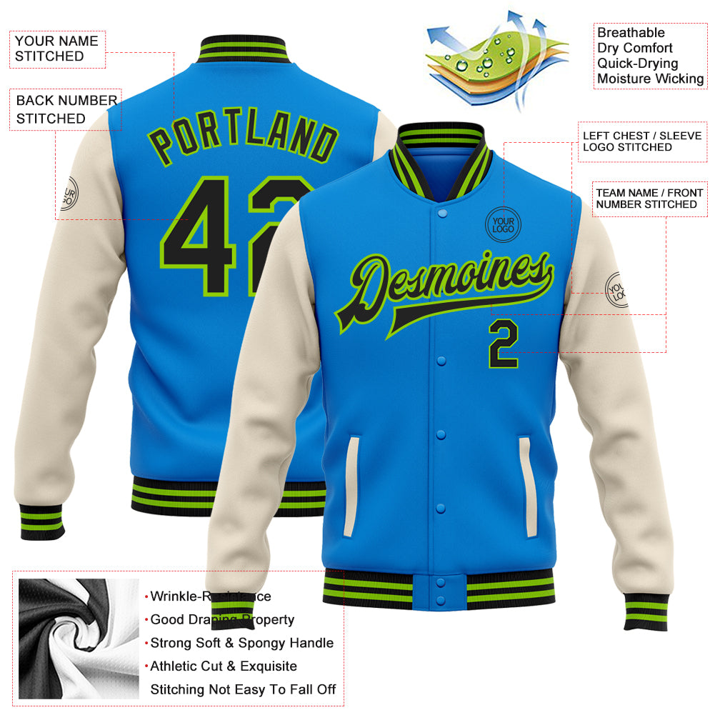Personalized Electric Blue Black Cream-Neon Green Bomber Full-Snap Varsity Letterman Two Tone Jacket Team Custom Name and Number Custom Name Number Bomber Jacket Electric Blue Black Cream Neon Green Two Tone Varsity Letterman Full-Snap Personalized Electric - Image 3