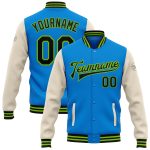 Personalized Bomber Jacket Electric Blue Black Cream Neon Green Full-Snap Varsity Letterman Two Tone Personalized Electric
