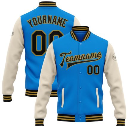 Personalized Two Tone Bomber Varsity Jacket in Electric Blue Black Cream and Old Gold Full-Snap Personalized Electric Blue