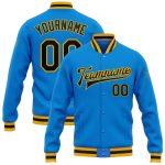 Personalized Blue Black-Gold Bomber Jacket Varsity Full-Snap Letterman Personalized Electric Blue Black-Gold Bomber Full-Snap
