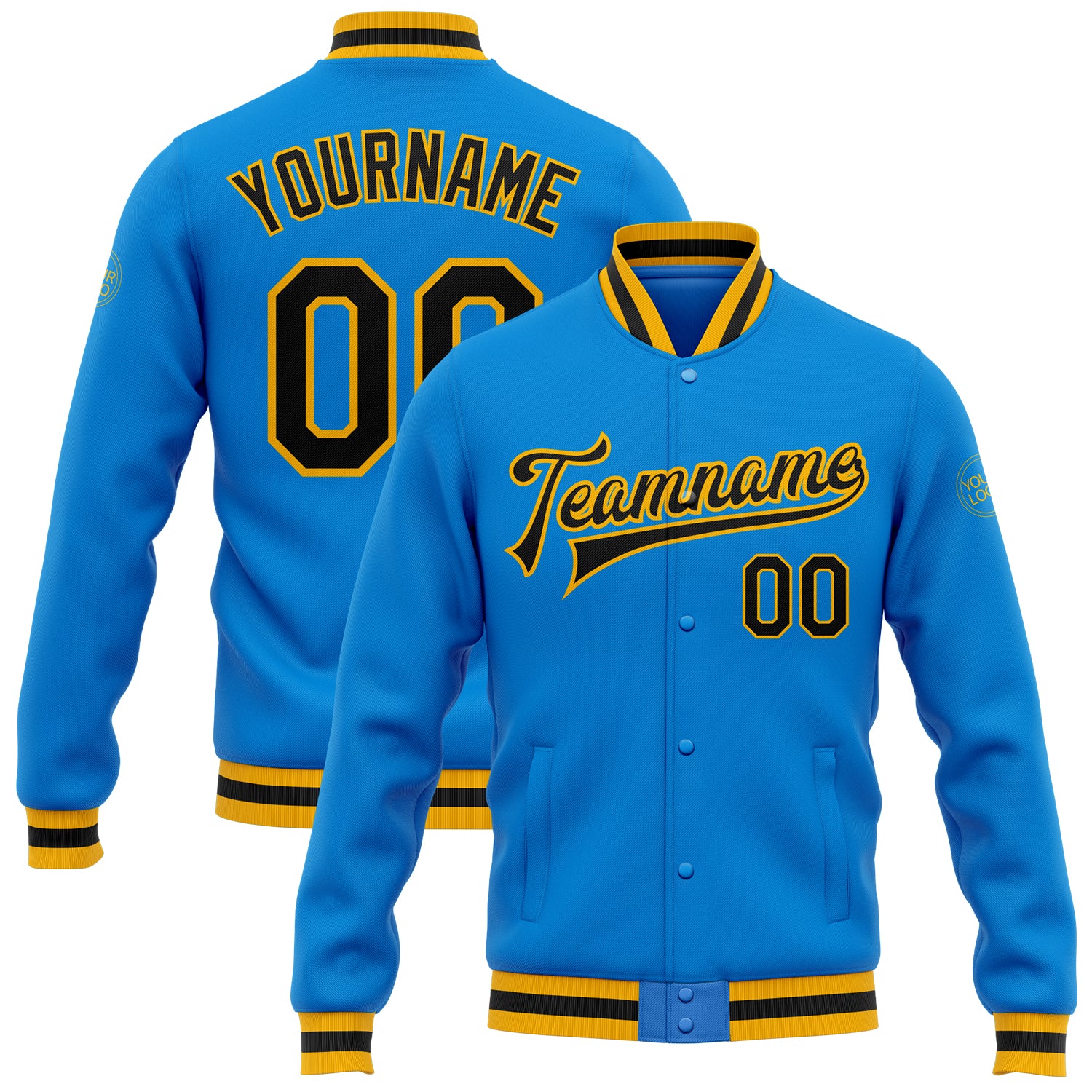 Custom Name and Number Electric Blue Black-Gold Bomber Varsity Letterman Jacket - Personalized Full-Snap Style Personalized