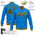 Custom Name and Number Electric Blue Black-Gold Bomber Varsity Letterman Jacket - Personalized Full-Snap Style Personalized