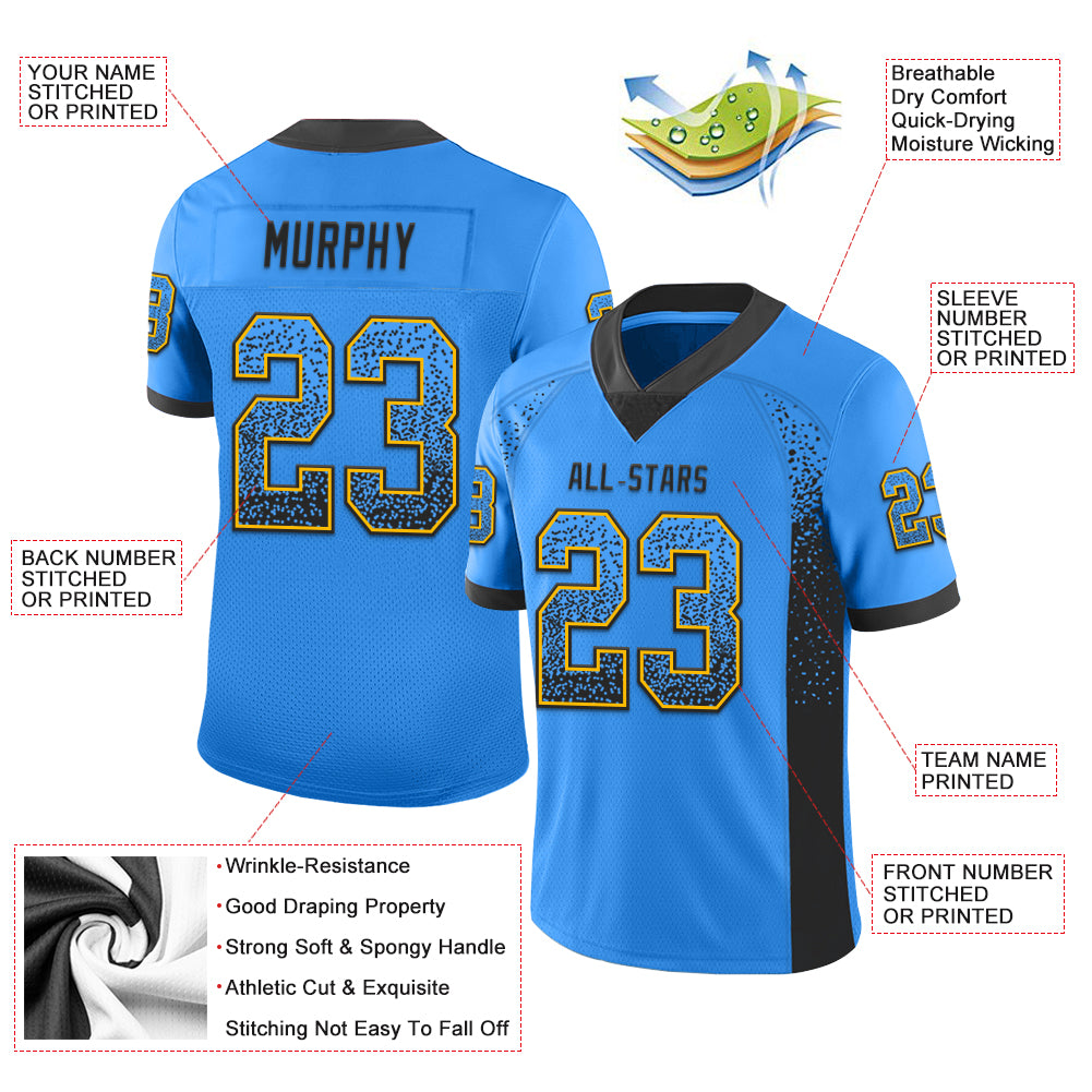 Personalized Electric Blue Black-Gold Mesh Drift Fashion Football Jersey Team Custom Name and Number Custom Name Number Electric Blue Black Gold Mesh Football Jersey Personalized Drift Fashion Team Jersey Personalized Electric - Image 3