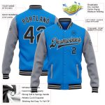 Electric Blue Black-Gray Two Tone Bomber Varsity Letterman Full-Snap Jacket Personalized Personalized Electric Blue Black-Gray