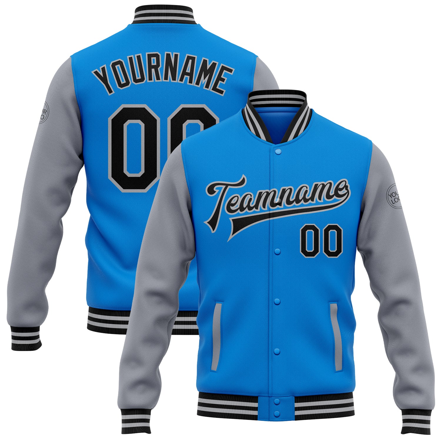 Custom Team Name Number Varsity Jacket - Personalized Electric Blue Gray Black Bomber Full-Snap Two Tone Outerwear Personalized