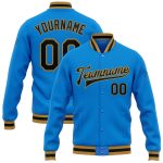 Personalized Electric Blue Black Gold Varsity Letterman Jacket Full-Snap Bomber Personalized Electric Blue Black-Old Gold