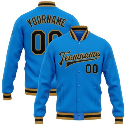 Personalized Electric Blue Black Gold Varsity Letterman Jacket Full-Snap Bomber Personalized Electric Blue Black-Old Gold