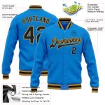 Personalized Electric Blue Black Gold Varsity Letterman Jacket Full-Snap Bomber Personalized Electric Blue Black-Old Gold