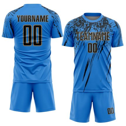 Personalized Electric Blue Black-Old Gold Soccer Jersey - Sublimation Uniform Personalized Electric Blue Black-Old Gold Sublimation