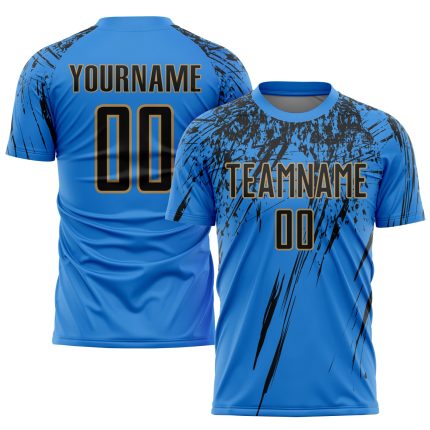 Personalized Electric Blue Black-Old Gold Soccer Jersey - Sublimation Uniform Personalized Electric Blue Black-Old Gold Sublimation