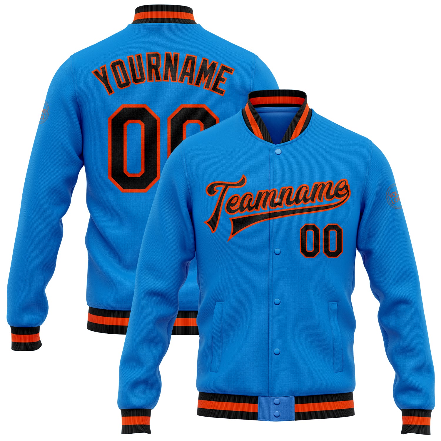 Custom Name Number Electric Blue Black Orange Varsity Letterman Bomber Jacket - Personalized Full-Snap Team Sports Apparel