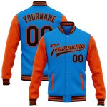 Electric Blue Black-Orange Personalized Varsity Letterman Bomber Jacket - Full-Snap Two Tone Style Personalized Electric