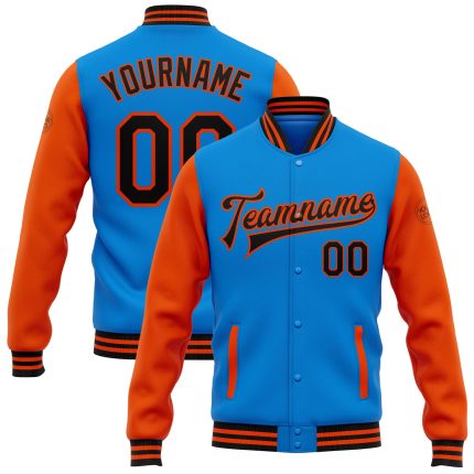 Electric Blue Black-Orange Personalized Varsity Letterman Bomber Jacket - Full-Snap Two Tone Style Personalized Electric