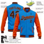 Electric Blue Black-Orange Personalized Varsity Letterman Bomber Jacket - Full-Snap Two Tone Style Personalized Electric