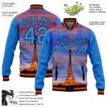 Personalized Electric Blue Black-Orange Eiffel Tower Jacket Paris France 3D Varsity Letterman Bomber Full-Snap Personalized