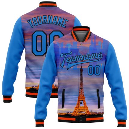 Custom Electric Blue Black-Orange 3D Eiffel Tower Varsity Jacket with Name and Number, Paris France City Edition, Full-Snap Bomber