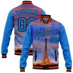 Personalized Electric Blue Black-Orange Eiffel Tower Jacket Paris France 3D Varsity Letterman Bomber Full-Snap Personalized