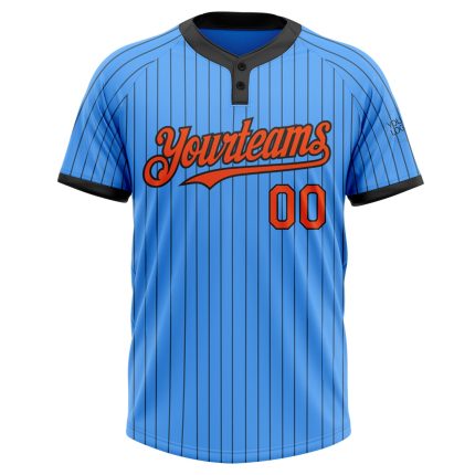 Personalized Electric Blue Black Orange Two-Button Unisex Softball Jersey Personalized Electric Blue Black Pinstripe Orange